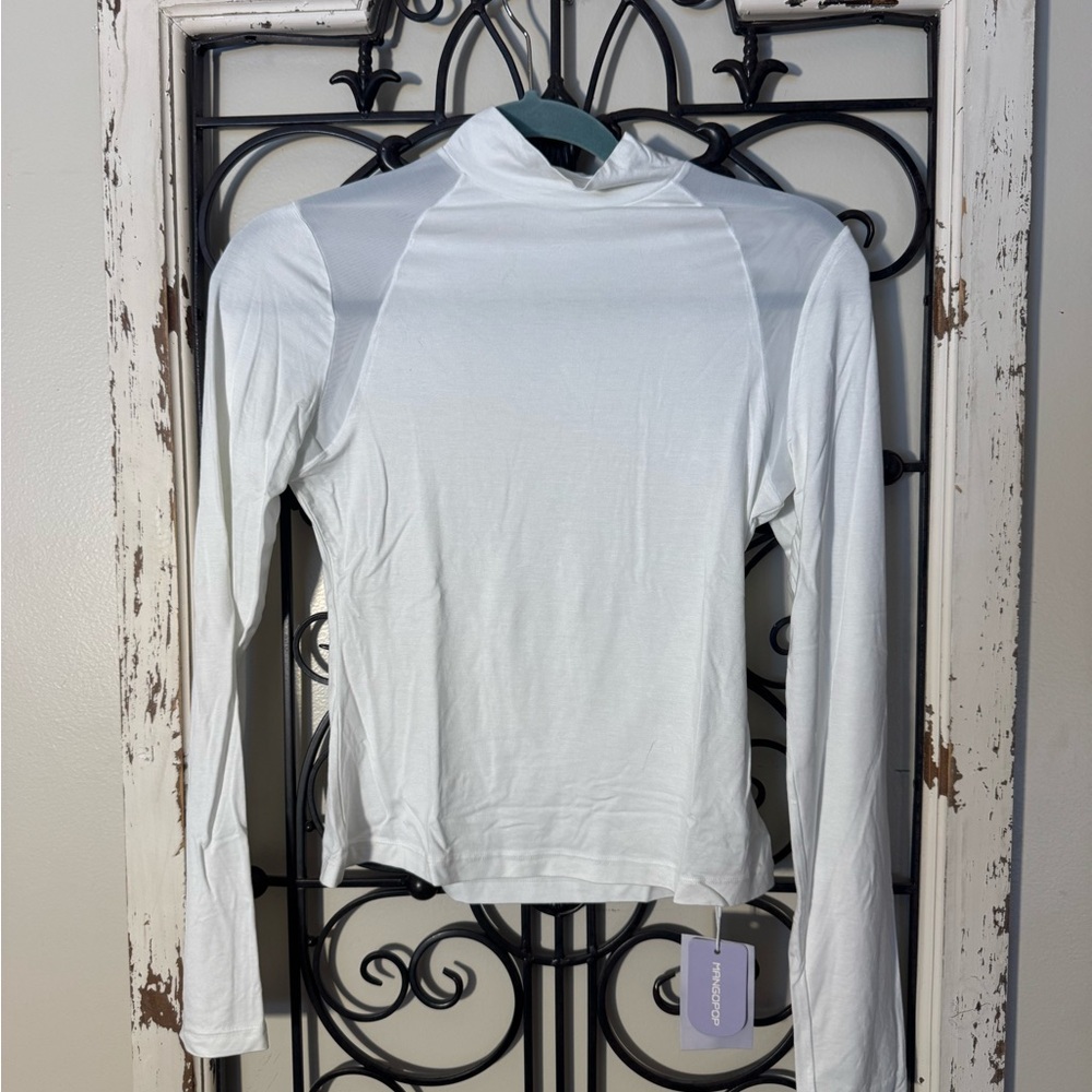 Mangopop Women’s Long Sleeve Mock Neck Sheer Mesh Accents Top Stretch Blouse NWT